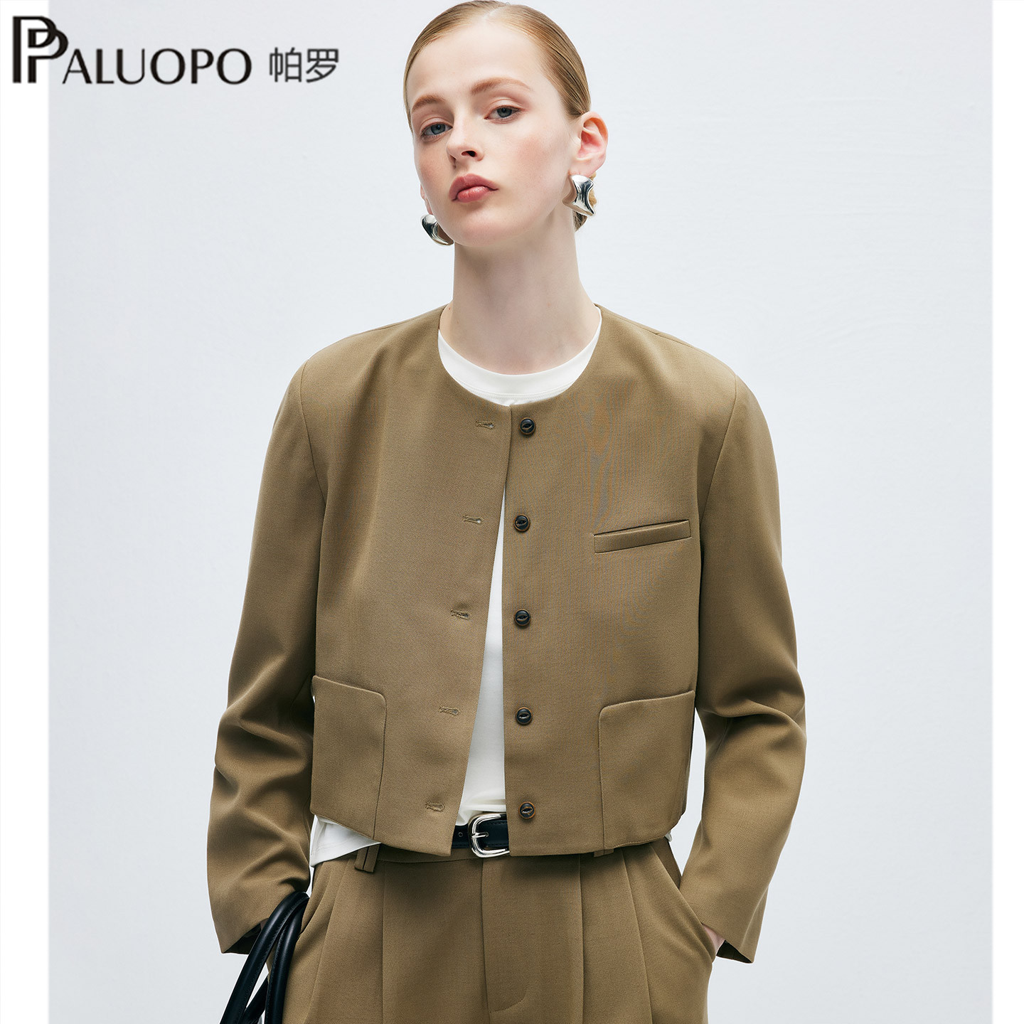 PALUOPO/帕罗商场同款RED极简风圆领短外套女通勤宽松纽扣夹克