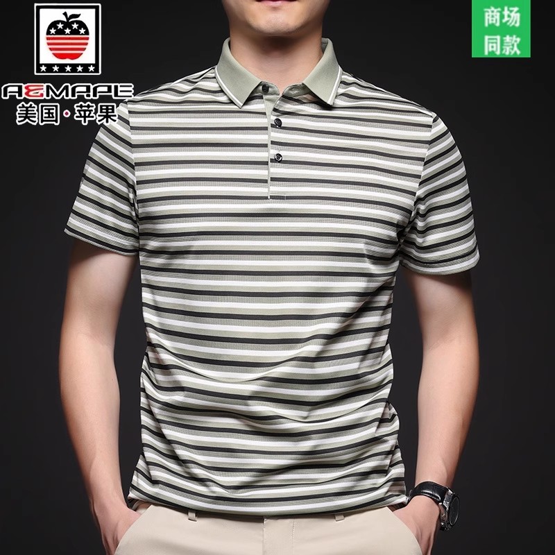 美国苹果夏季冰丝男士短袖t恤翻领中年休闲男半袖上衣条纹POLO衫