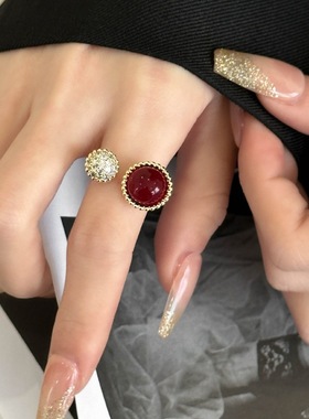 饰尚e族半圆红色锆石戒指女甜美花蕊轻奢气质开口指环网红