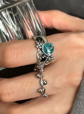 饰尚e族甜美蓝色锆石戒指女复古重工鸢尾花朵十字架开口指