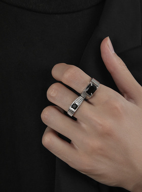 饰尚e族甜酷黑色方形锆石戒指女个性气质复古几何开口指环