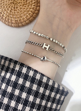 饰尚e族韩版字母H手链女复古简约个性一字打结几何方块手环