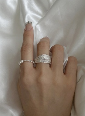 饰尚e族多层线条缠绕戒指女仿珍珠方块法式个性S925镀银指环ins小