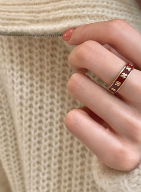 饰尚e族红色精致滴釉四叶花瓣戒指女轻奢时尚气质开口指环