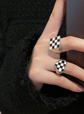 饰尚e族滴釉黑白拼色棋盘戒指女复古时尚方形宽边开口指环