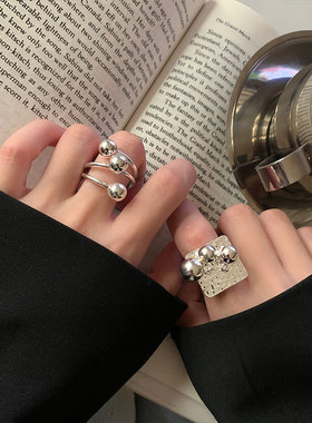 饰尚e族韩版S925镀银线条圆球戒指女复古时尚方牌交叉开口指环嘻