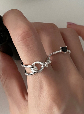 饰尚e族黑色爱心戒指女时尚简约气质麻花开口指环嘻哈文艺