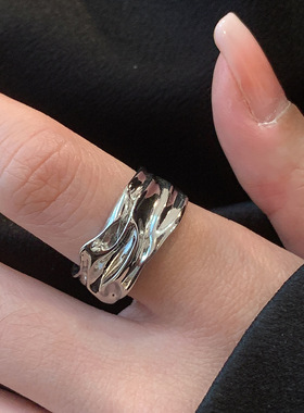 饰尚e族复古锡纸纹理开口戒指女ins小众设计高级冷淡风轻奢