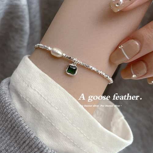 碎银手链女时尚气质方块绿色锆石珍珠手环小众个性百搭手饰