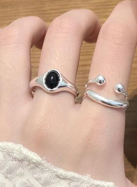饰尚e族晴天微笑脸戒指女韩版时尚黑色椭圆锆石甜酷开口指