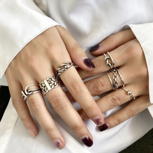 日韩复古叠戴组合戒指女925纯银ins个性简约嘻哈朋克风开口食指环