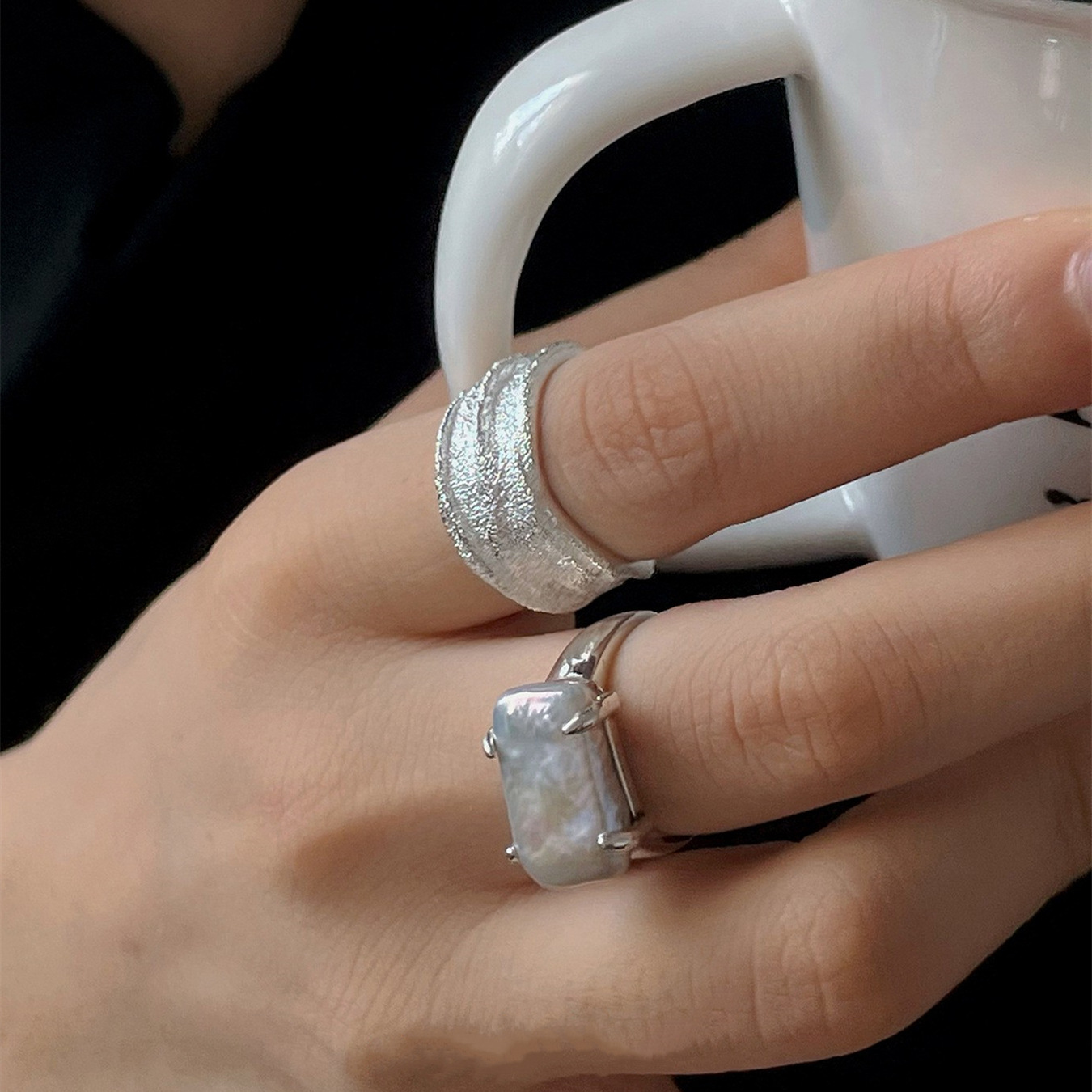 韩版银河戒指女复古时尚巴洛克珍珠开口指环气质ins食指戒