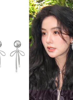 饰尚e族法式轻奢灰色珍珠耳钉女线条蝴蝶结耳坠针耳环ins百