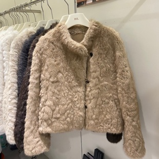 韩版小湖羊斜纽扣立领仿皮皮毛一体外套毛绒绒保暖外套女2025皮草