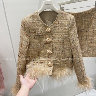 欧货金色编织小香风短外套半身裙两件套女轻奢高级感名媛时尚套装