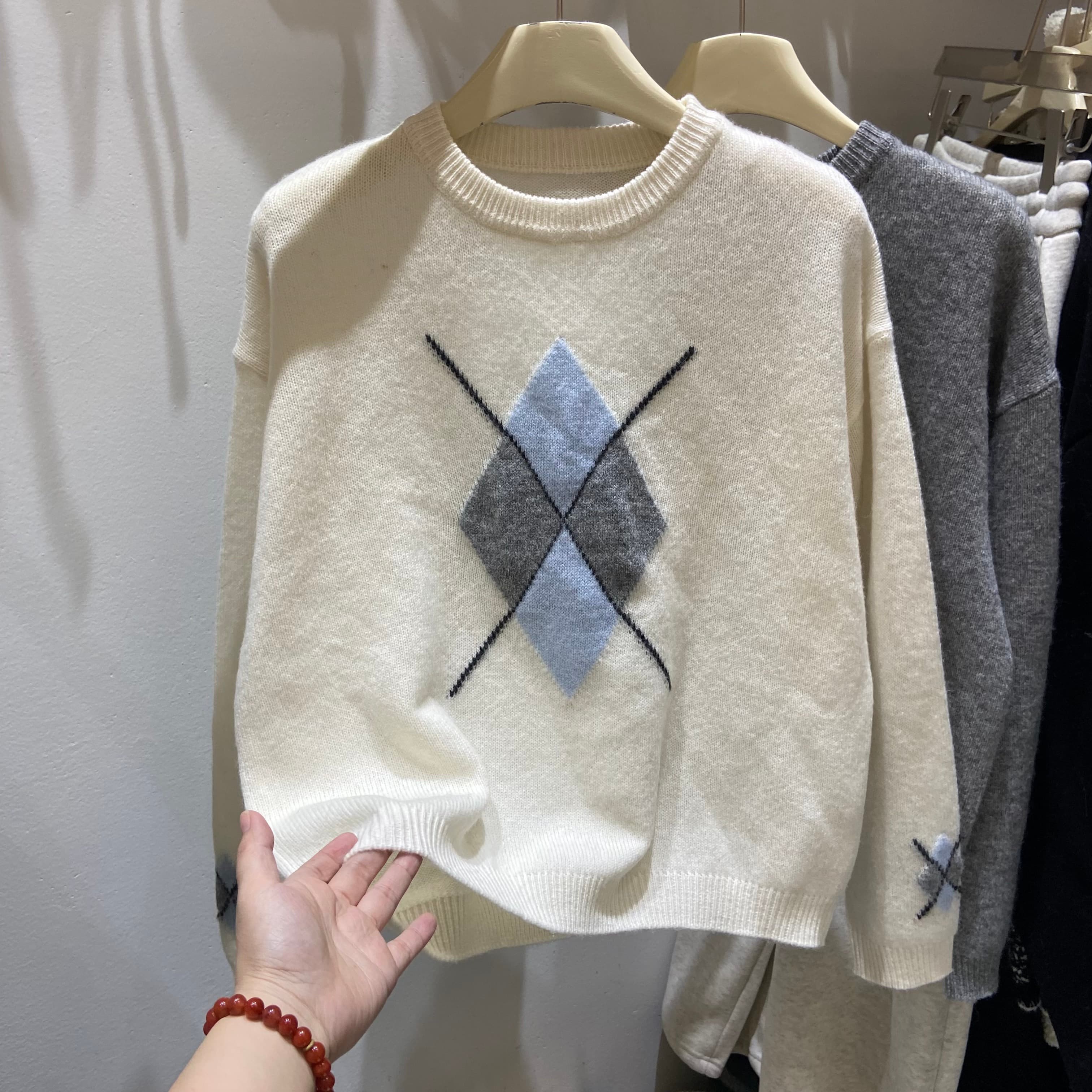 撞色菱形格羊毛针织毛衣复古女冬