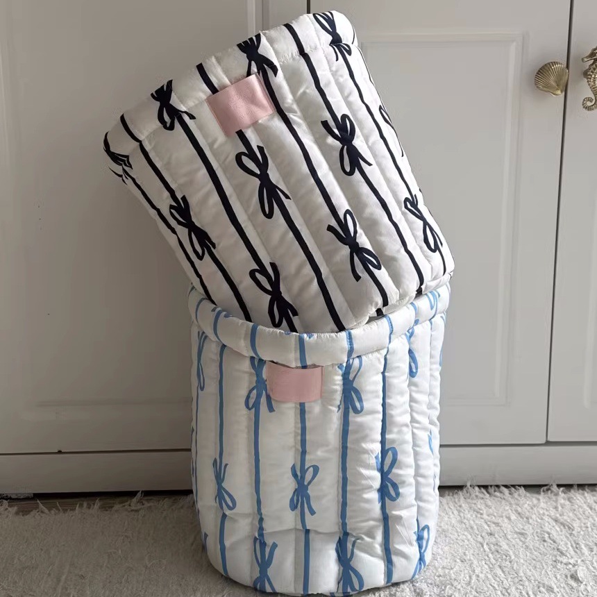 ins风蝴蝶结绗缝圆形收纳篮大容量玩具收纳整理筐脏衣篮