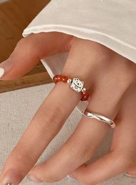 925纯银红玛瑙招财猫戒指小众素圈开口戒女高级感食指戒