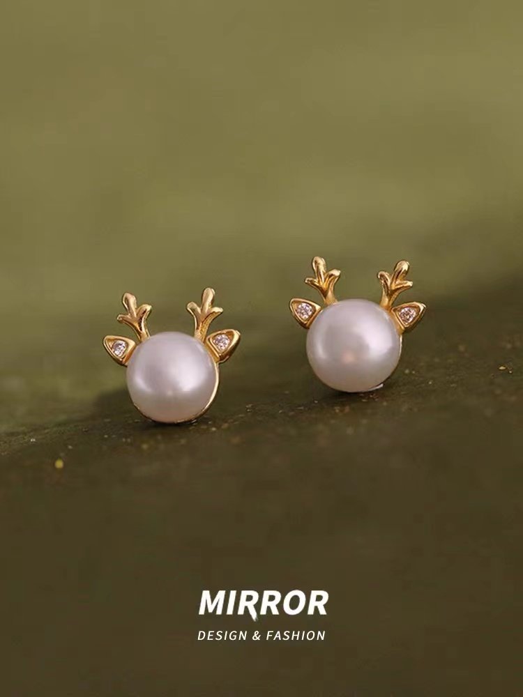 925纯银耳钉女耳环耳饰淡水珍珠麋鹿圣诞节饰品2021年新款,饰品/流行首饰/时尚饰品新,耳钉,淘宝优惠券,粉丝福利购,淘宝优惠卷