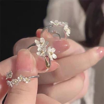 925银戒指ins学生繁花似锦开口戒可调节简约立体花朵小众食指戒~