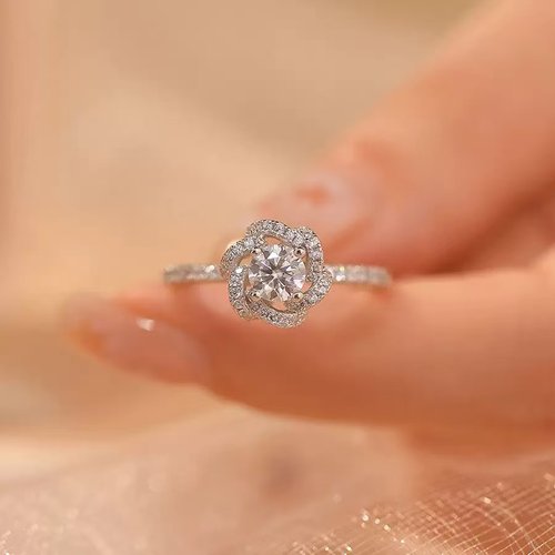 s925银满钻玫瑰花戒指女士轻奢小众设计感时尚可调节结婚求婚戒