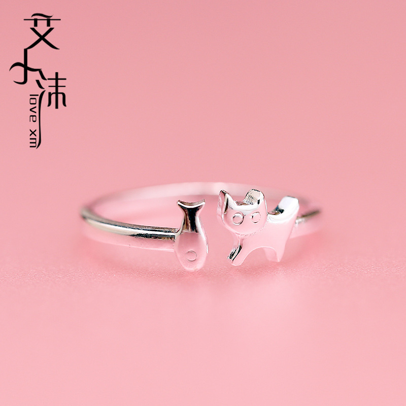 925银可爱小猫小鱼戒指森系甜美