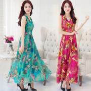 2016夏装大码女装真丝收腰连衣裙V领波西米亚大摆长裙沙滩裙新款