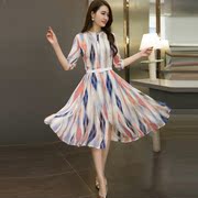 2016春夏装新款条纹七分袖雪纺连衣裙女中长款显瘦气质A字裙韩版