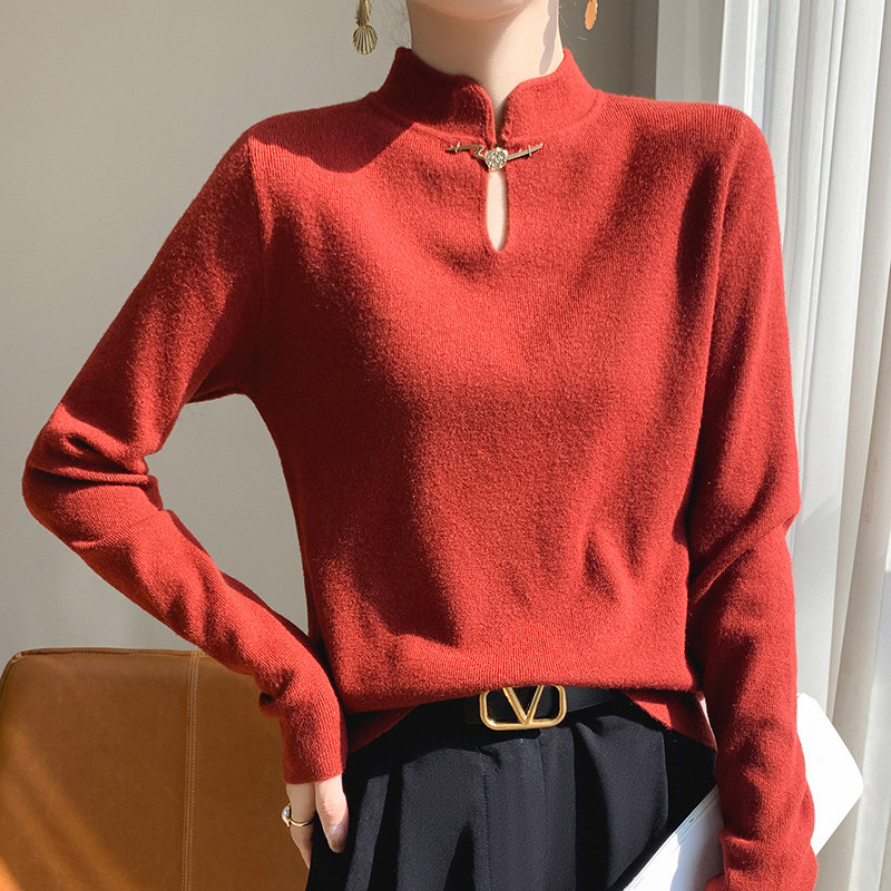 2024冬季新100%山羊绒衫女新年红国风盘扣毛衣女立领旗袍领针织衫,女装/女士精品,毛针织衫,淘宝优惠券,粉丝福利购,淘宝优惠卷