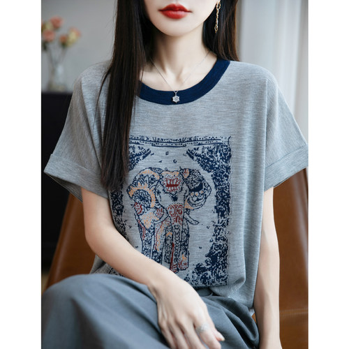 夏季圆领撞色竹节麻刺绣印花针织短袖t恤女宽松显瘦打底衫半袖潮