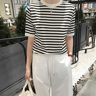 黑白条纹t恤上衣 2022夏季 新款 韩国清爽宽松圆领冰丝针织衫 女短袖