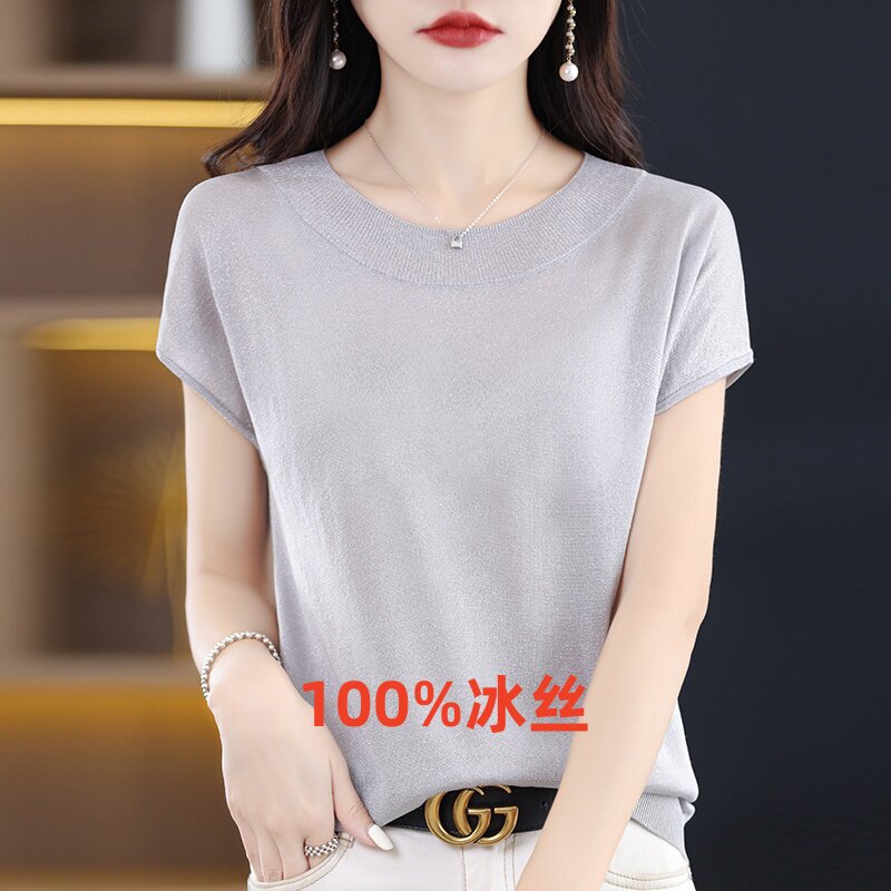 捡漏~100%冰丝短袖女大圆领天丝棉针织衫T恤宽松夏季新款洋气上衣图片