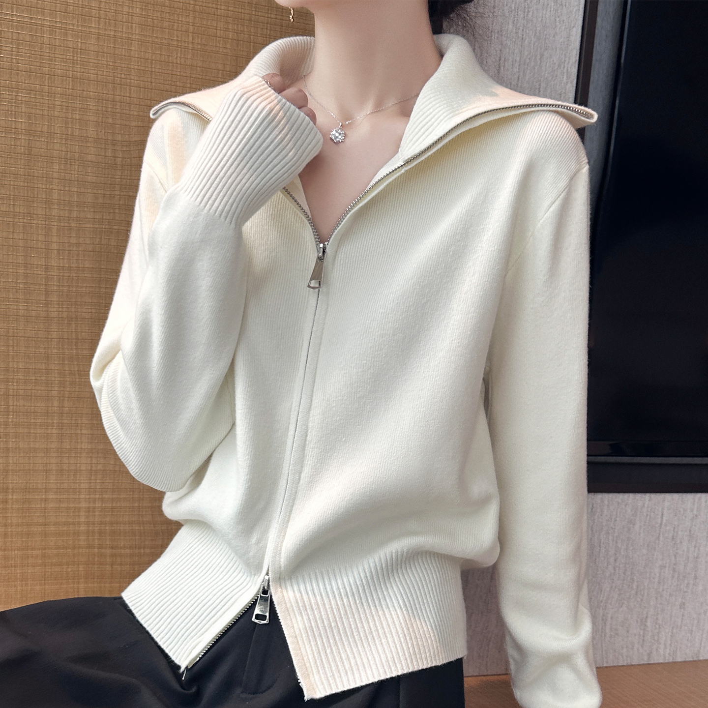 双拉链大翻领毛衣外套女2025秋冬新款宽松慵懒风休闲外搭针织开衫