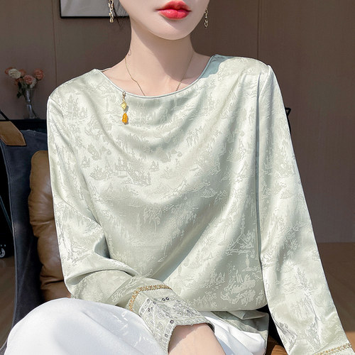 新中式国风醋酸缎面衬衫女2025春季提花刺绣上衣宽松薄款圆领衬衣