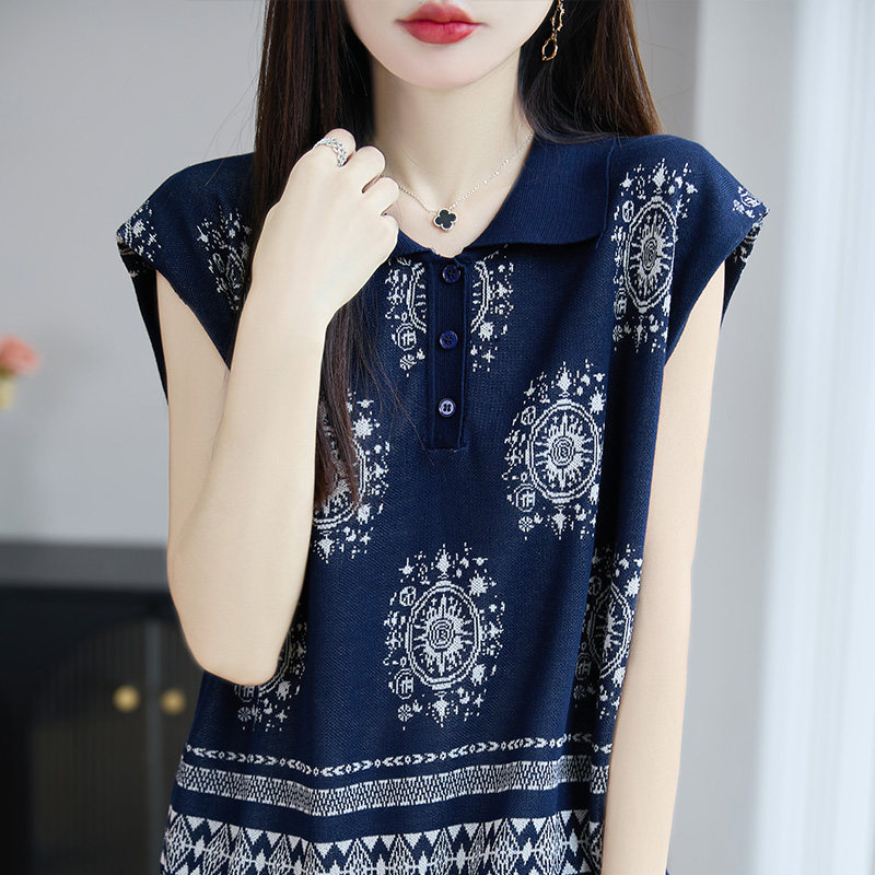 提花翻领无袖上衣宽松背心女2025新款洋气小个子薄款冰丝针织短袖