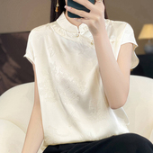 25年新款 女醋酸缎面旗袍上衣衬衣 衬衫 新中式 国风盘扣立领提花短袖