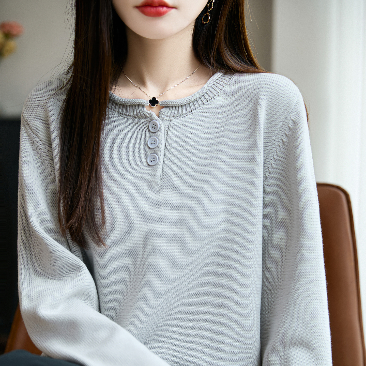 2025秋冬新款纯棉线针织衫女半开领宽松休闲全棉时尚内搭打底衫