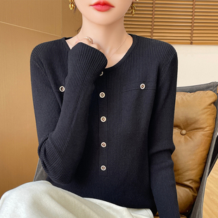 春秋冬内搭低领毛衣打底衫 时髦洋气假兜圆领针织衫 女上衣宽松薄款
