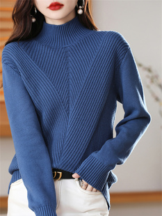 重磅加厚100%纯棉线不起球针织衫女半高领宽松纯色毛衣套头长袖