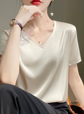 醋酸短袖T恤女25夏圆V领简约半袖白色桑蚕丝真丝缎面内搭西装上衣