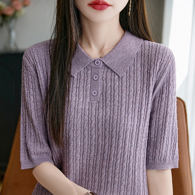 2025春夏新款翻领针织背心女薄款体恤镂空宽松短袖上衣冰丝针织衫