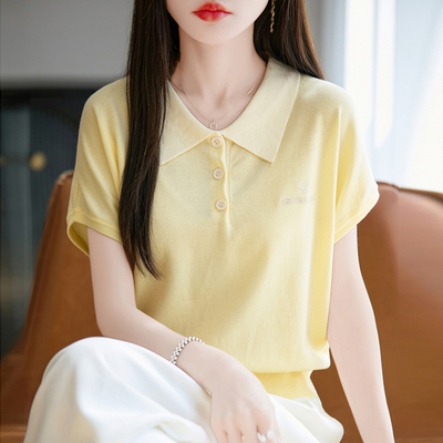 2025夏季新款天丝短袖针织T恤女士洋气漂亮娃娃翻领宽松遮肉上衣