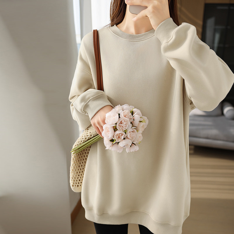 中长款杏色卫衣女冬季加绒加厚这皮肤2024新款宽松休闲慵懒风外套