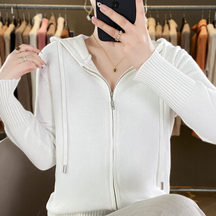 2025秋冬纯棉线连帽开衫女双拉链宽松全棉加厚针织毛衣不起球外套