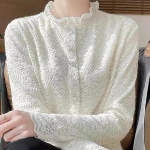 加绒半高花边领长袖套头衬衫女装冬季蕾丝西装内搭叠穿打底衫上衣