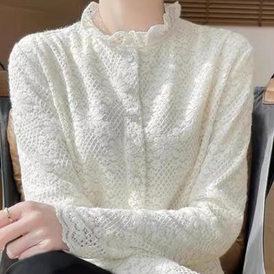 加绒半高花边领长袖套头衬衫女装冬季蕾丝西装内搭叠穿打底衫上衣