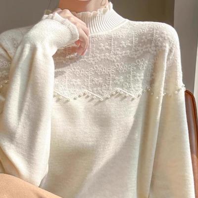 2024秋季新款木耳花边半高领钉珠钩花针织衫女时髦超洋派外穿毛衣