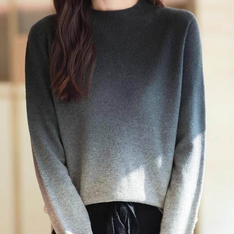 秋冬加厚设计感半高领毛衣女内搭宽松洋气渐变色渲染针织衫打底衫