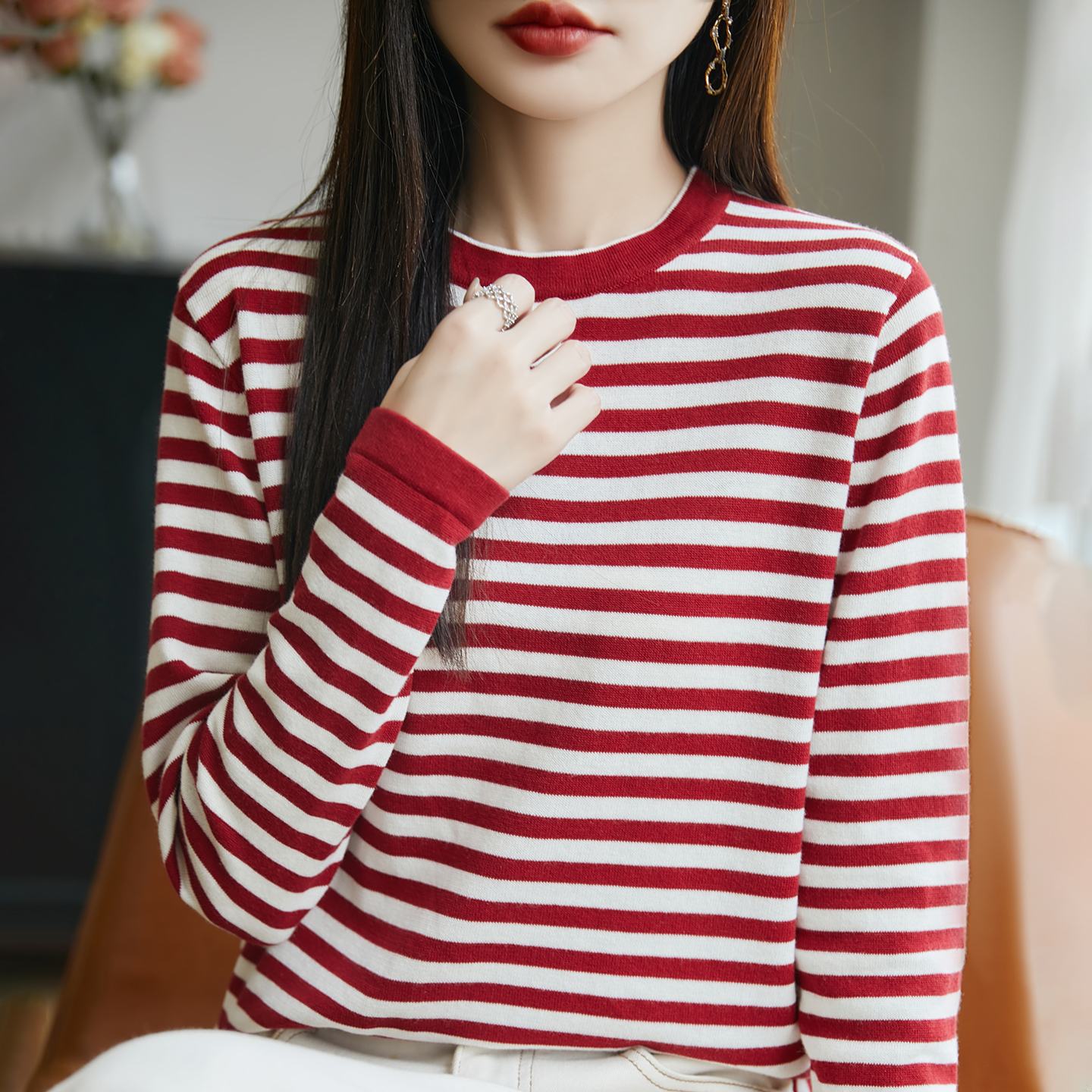 松弛感复古条纹长袖百搭针织衫女2025秋季撞色宽松洋气慵懒风上衣