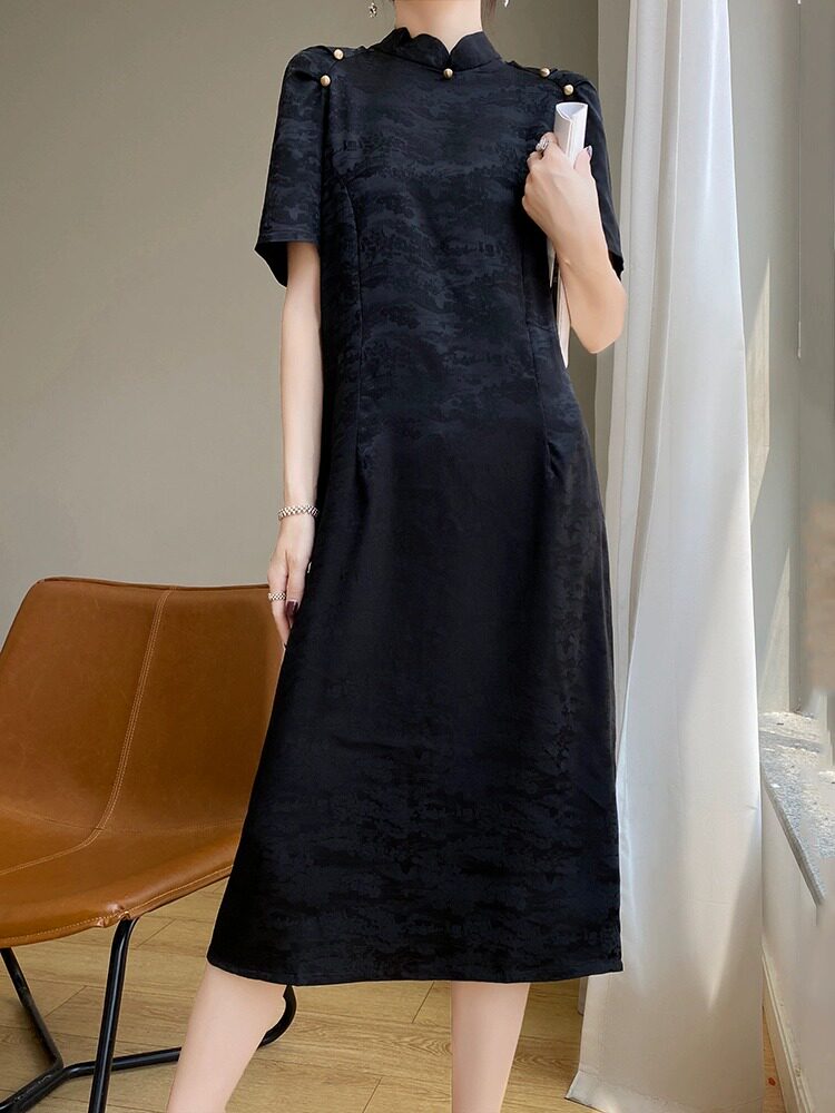 복고풍 신상 중국 스타일 반팔 치파오 스커트 2024 신풍 우아한 기질 다재다능한 슬리밍 트렌드 개선 롱 스커트